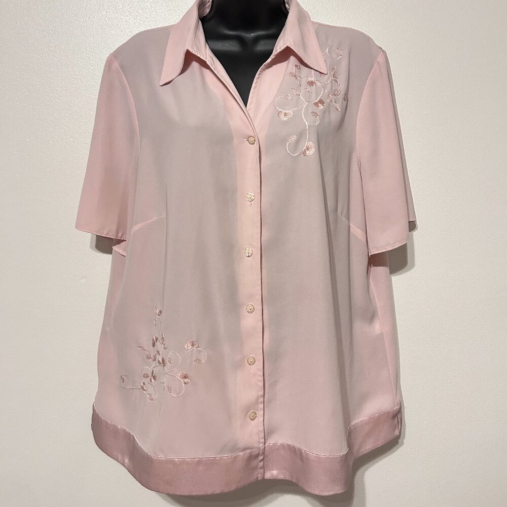 Vintage BHS Shell Pink Embroidered Flutter Sleeves Satin Trim US Size L-XL